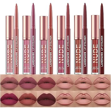 Pack of 12 Matte Lipstick Lip Liner Set Nude Lipstick Lip Liner Pencil Waterproof Long Lasting Non-stick Cup Lip Makeup Set Gift for Women (Lipstick A)