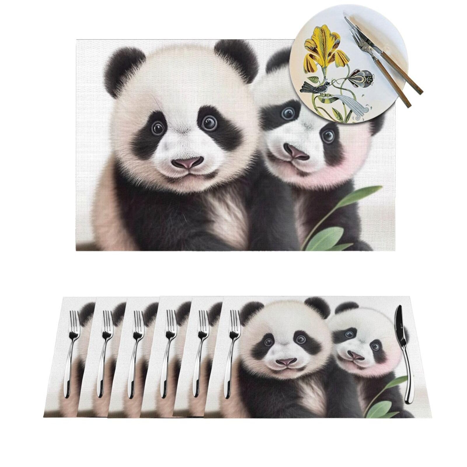 Placemats Set of 6 Pcs Heat Resistant Non-Slip Baby Pandas Place Mats for Dining Table Washable PVC Table Mats Wipeable Kitchen Table Placemat for Outdoor Indoor 12 X 18 Inch