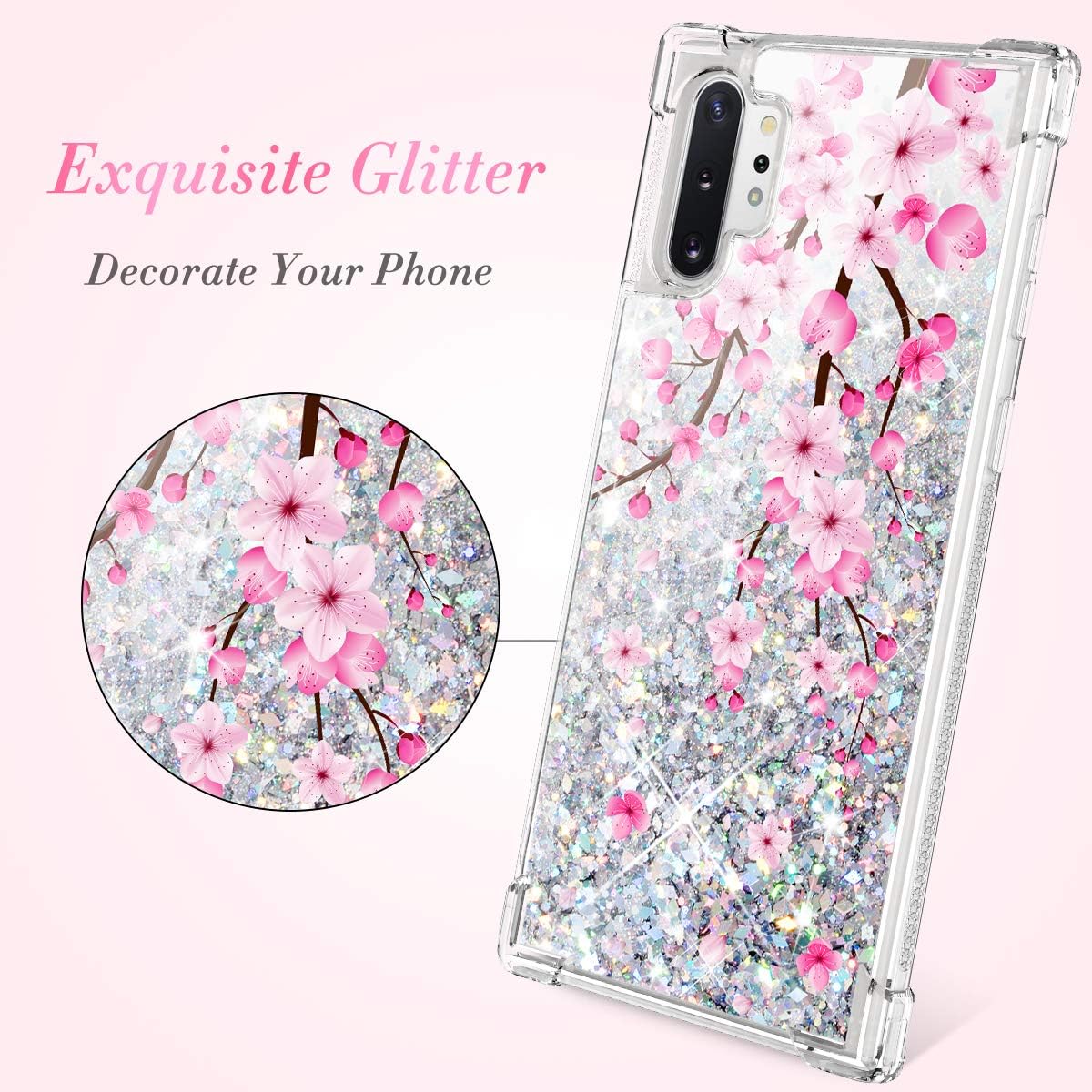 Caka Glitter Case for Galaxy Note 10 Plus Case Glitter Flower for Girls Women Liquid Bling Luxury Flowing Floating Sparkle Shining Soft TPU Clear Case for Samsung Galaxy Note 10 Plus (Cherry)