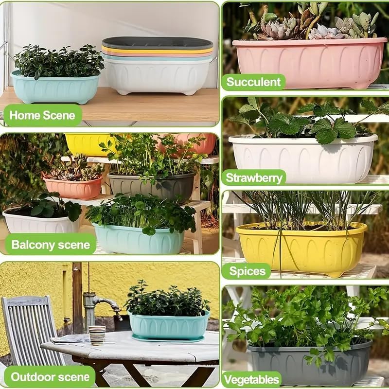 Image of Plastic Rectangle Round Corner Flower Pots with Drainage Hole Saucers Durable Outdoor Indoor Planters with Tray Plant Containers for Balcony, Garden, Home & Office (Set of 5 Multi)
