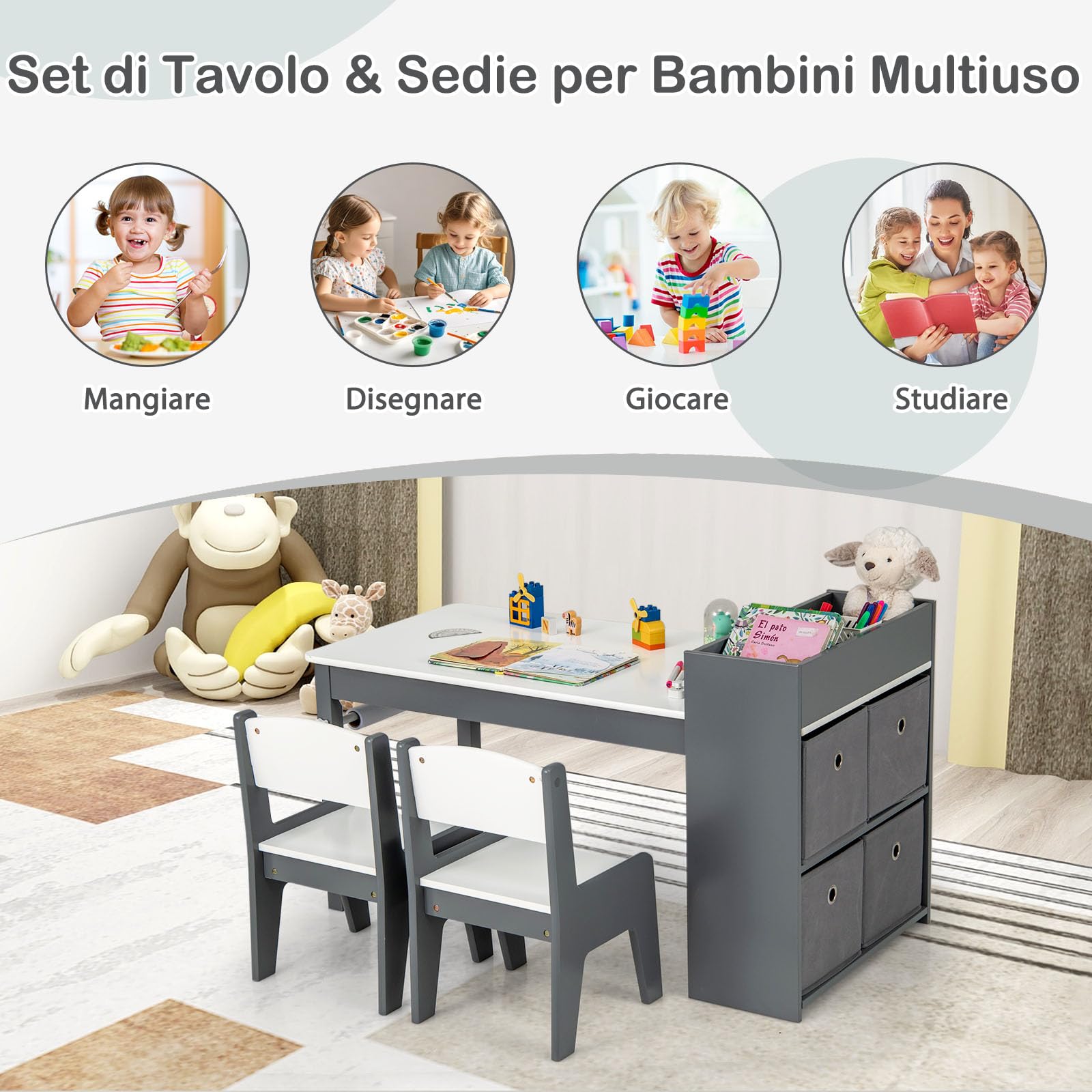 RELAX4LIFE 3 in 1 Set Tavolo e 2 Sedie per Bambini in Legno, con Rotolo di Carta, Mensole e 4 Cassetti in Tessuto, Mobile Montessori per Cameretta per Disegno e Cameretta, 100 x 50,5 x 58 cm (Grigio)