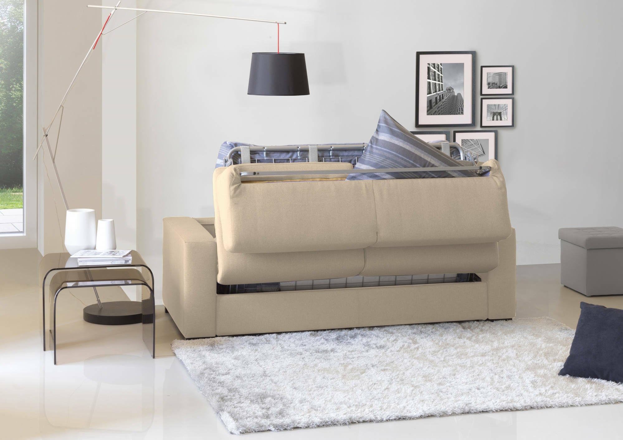 Dmora Divano Letto 2 posti Alena, Sofà Soggiorno con Apertura Girevole, Tessuto Imbottito, Braccioli Slim, 100% Made in Italy, Cm 160x95h90, Beige