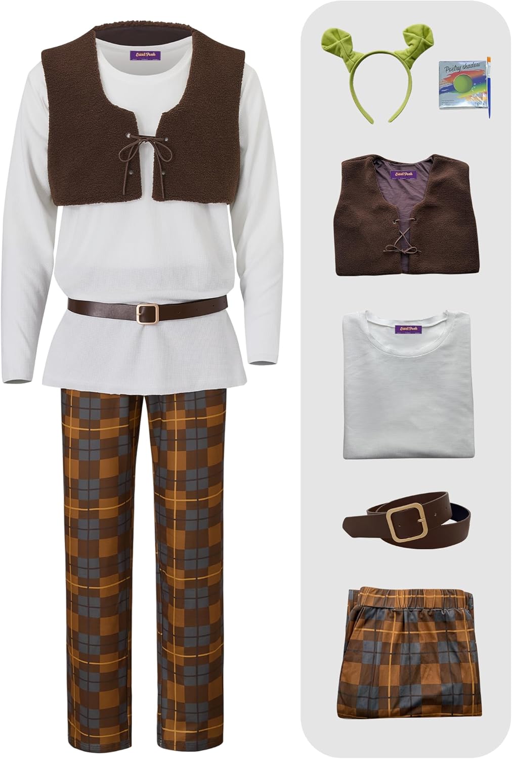 Men 6 Pcs Swamp Creature Costume Halloween Green Shirt Set Vest Pants Belt Headband Makeup (S-3XL) - Image 6