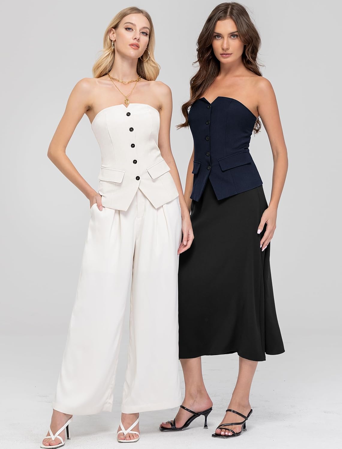 Women's Summer Strapless Vest Tops Notched Neck Tube Tops Button Fitted Sleeveless Work Business Blazer Vest - Image 4