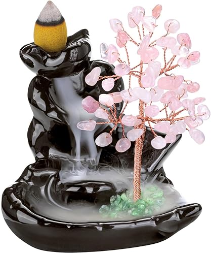 CrystalTears Quemador de incienso de árbol de cristal, soporte de incienso de cascada de cerámica, cuarzo rosa, piedra de cristal curativo, árbol