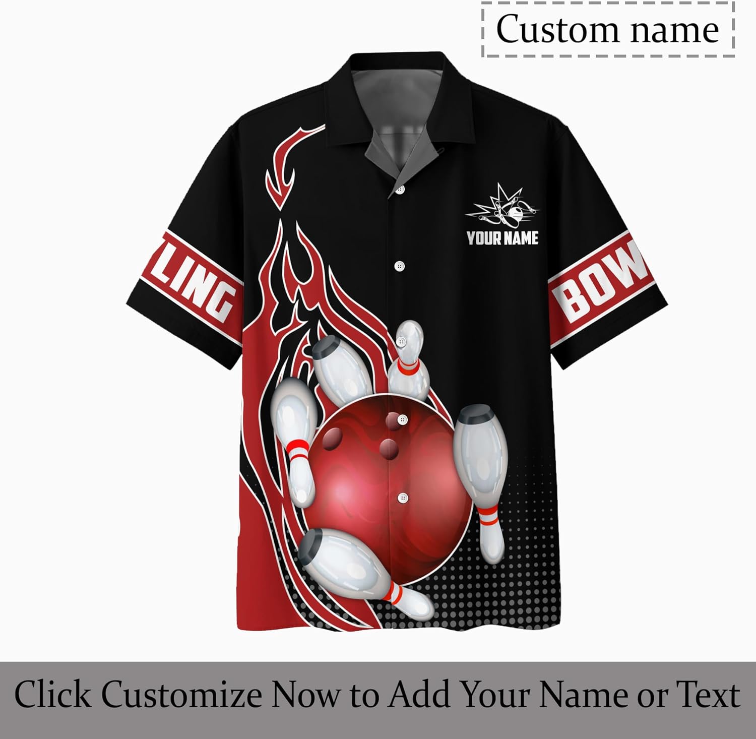 Custom Bowling Team Hawaiian Shirt 3D Button Down Shirt with Red Bowling Ball on Fire Graphic On it for Bowler