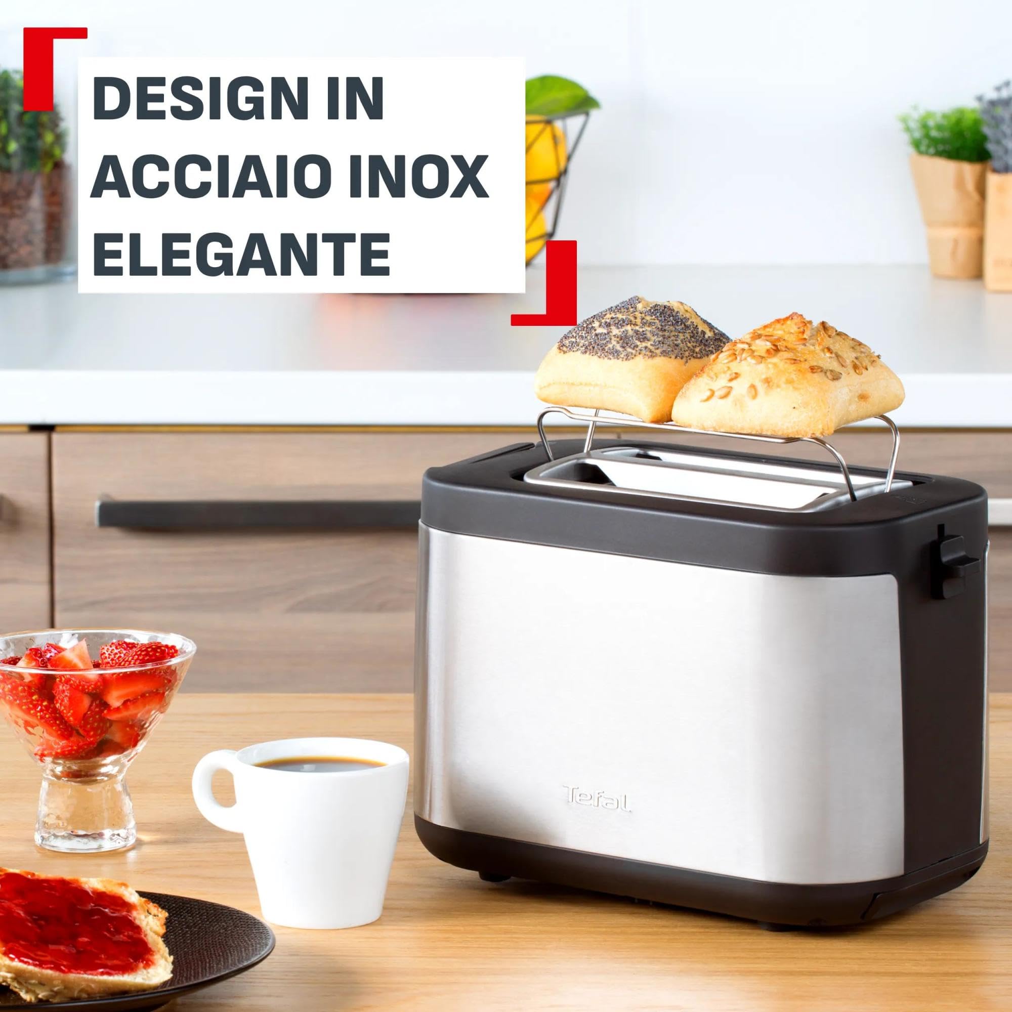 Tefal Element, Tostapane 2 Fette con Scaldapanini Integrato, Design In Acciaio Inossidabile, 7 Livelli Di Doratura, TT4308E0