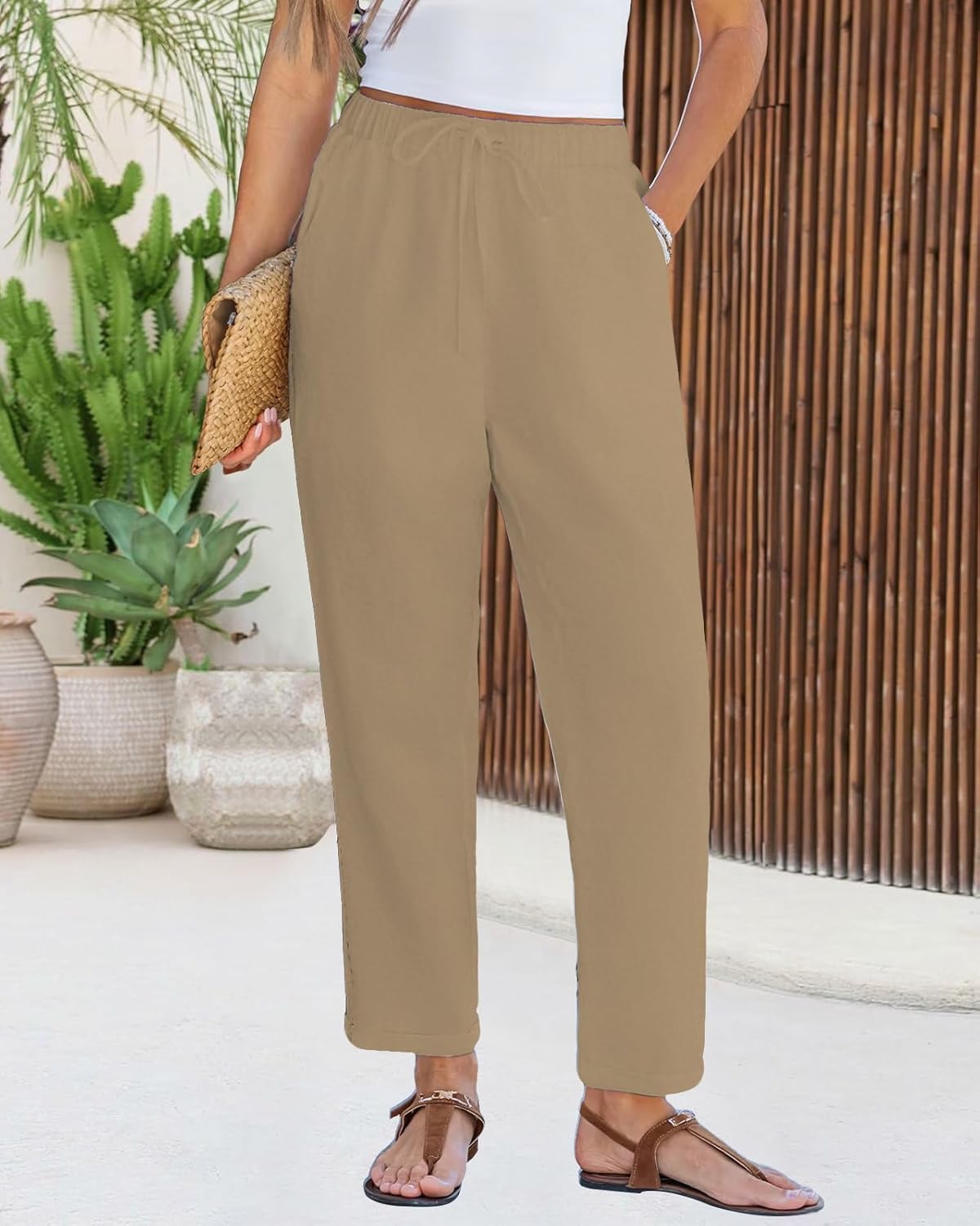 PIDOGYM Women's Linen Capri Pants, Lightweight Casual Summer Pants with Drawstring Elastic Waist & Lace Side - Image 2