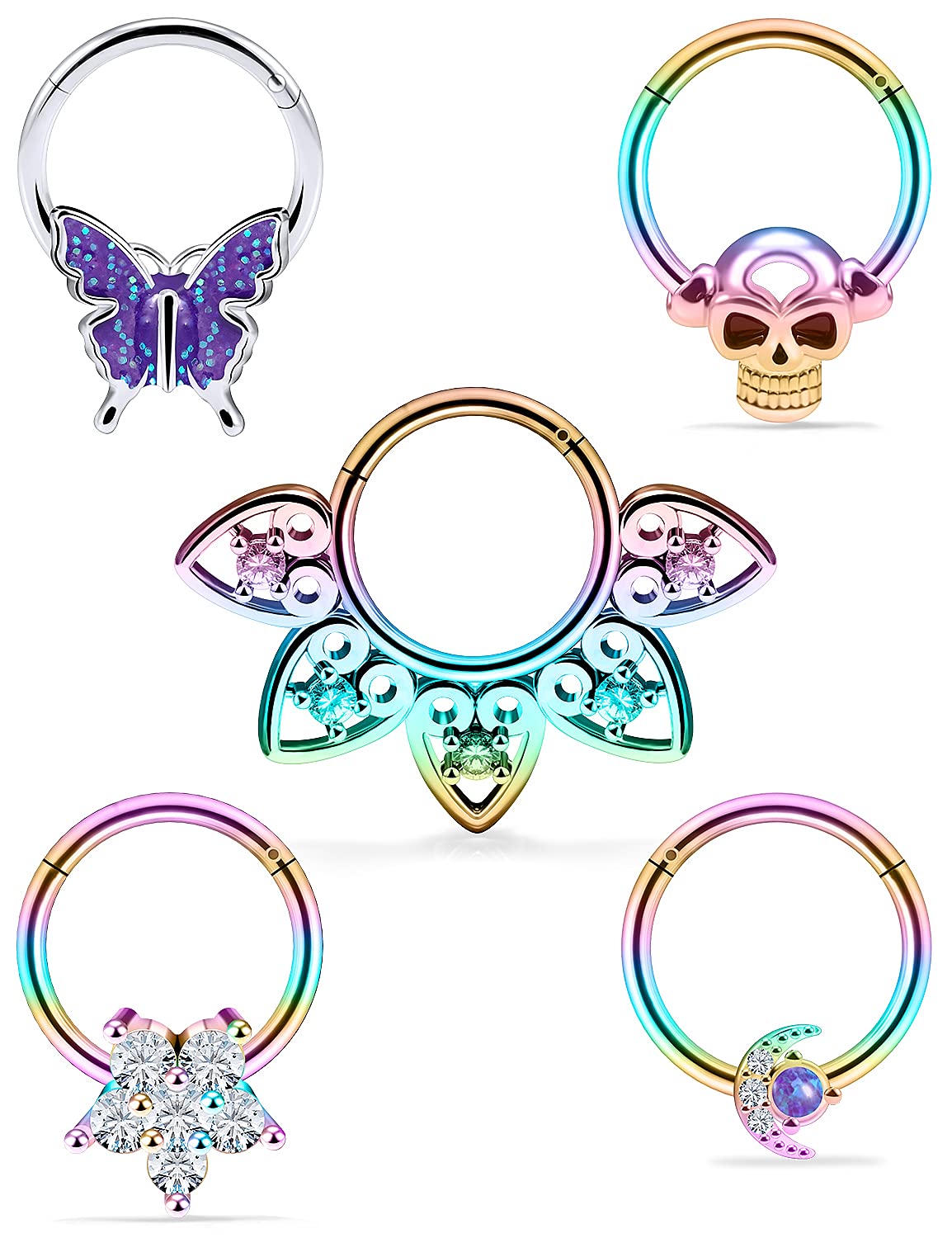 Vsnnsns Septum Ring 16G Stainless Steel Skull Septum Piercing Jewelry Clicker Flower Nose Ring Hoop Piercing Jewelry for Women Men Silver Black