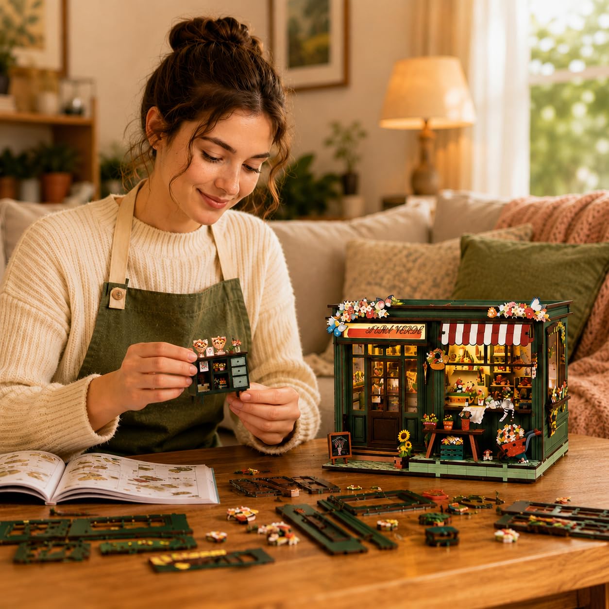 Book Nook – DIY Leseecke Miniatur Blumenladen Modellbausatz (LED-Leuchten), ein 3D Holzpuzzle zum Erstellen einer Miniatur Bücherregalszene, ist für Frauen, die Blumenläden lieben