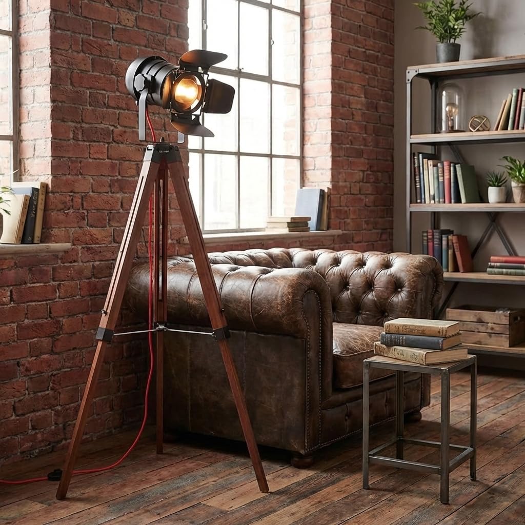 BARCELONA LED Lampe sur pied trépied noire et bois réglable, hauteur ajustable, lumière orientable, style moderne et vintage industriel, idéale pour salon, chambre, bureau, escalier, restaurant