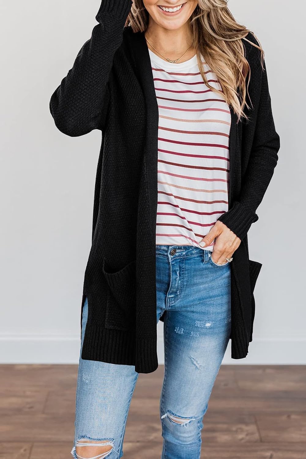 MEROKEETY Women's Long Sleeve Cardigan Sweaters Open Front Waffle Knit Cozy Sweater Coat with Pockets