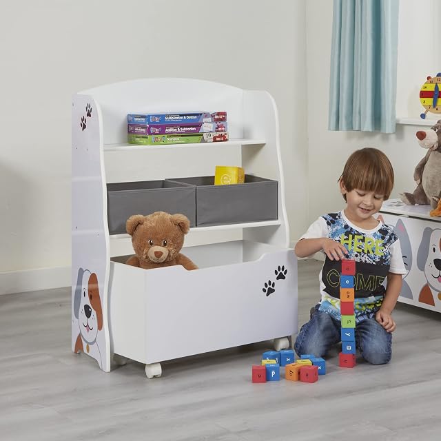 Liberty House Toys Cat and Dog Kids Storage Unit with Roll Out Toy Box, Fabric Bins Toy Organiser, White and Grey,H840 x W630 x D300mm