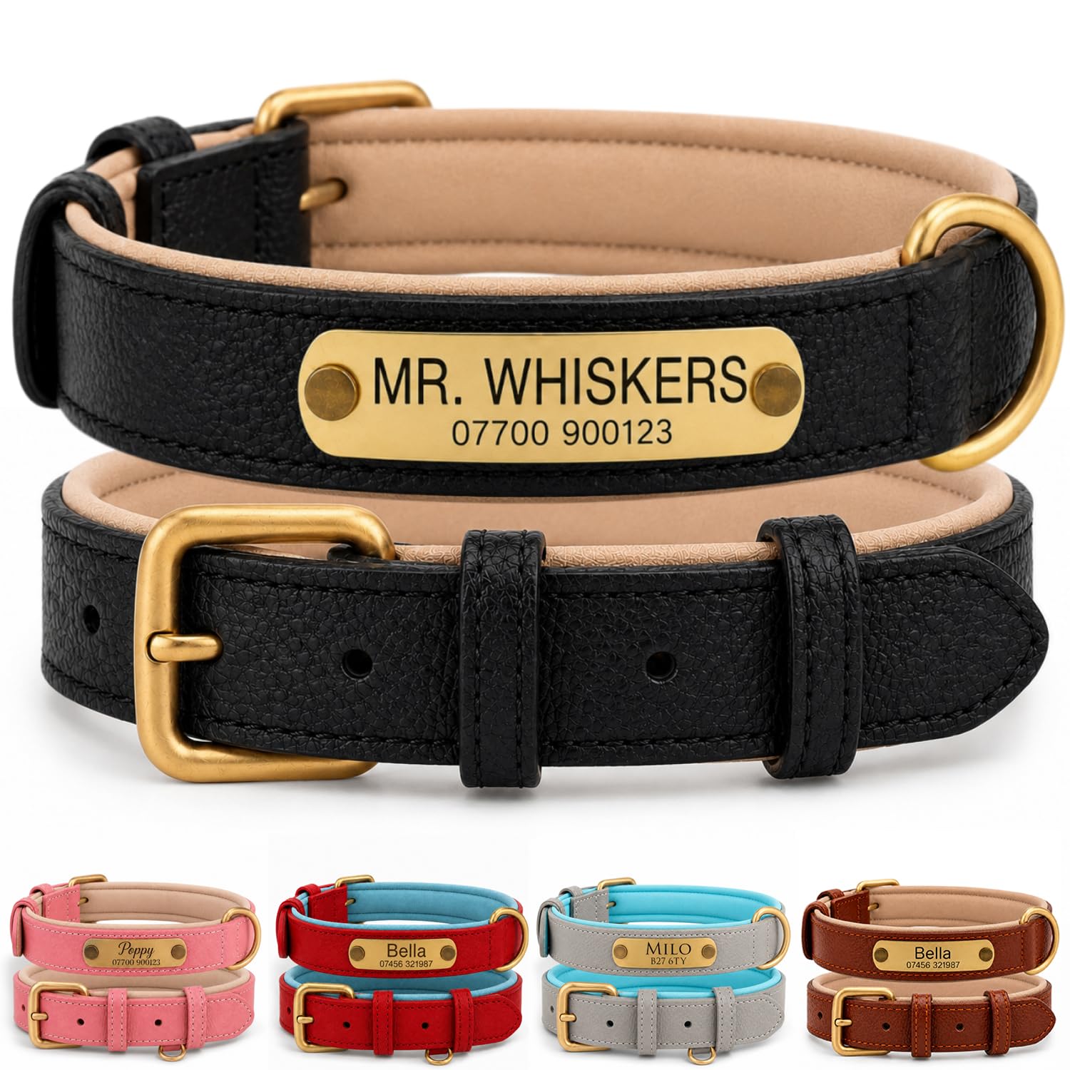 Personalised Genuine Leather Dog Collar, Soft Padded Adjustable Collar with Custom Engraved Name Plate, Custom ID Nameplate Collar for Puppy Small Medium Large Dogs, UK Dispatch (Black, L)