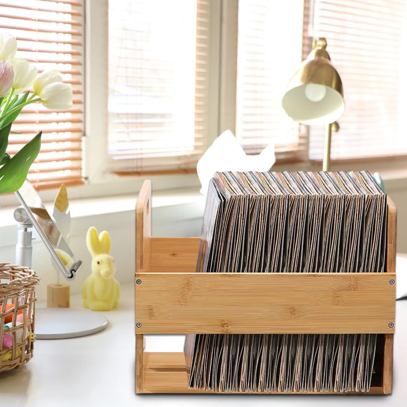 Scatola portaoggetti per dischi grande, 40 x 35,5 x 31,5 cm, in vinile, con manici, scatole in bambù con viti di fissaggio, scatola rustica in vinile per album, audio, riviste, libri