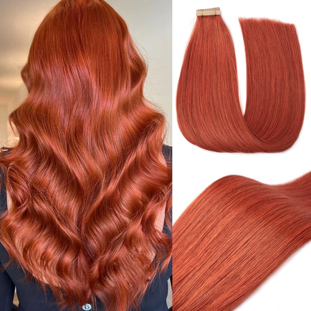 Tape in Hair Extensions Human Hair 20pcs Remy Hair Extensions 22 Inch Copper Straight Invisible Human Hair Tape in Extensions Skin Weft Tape
