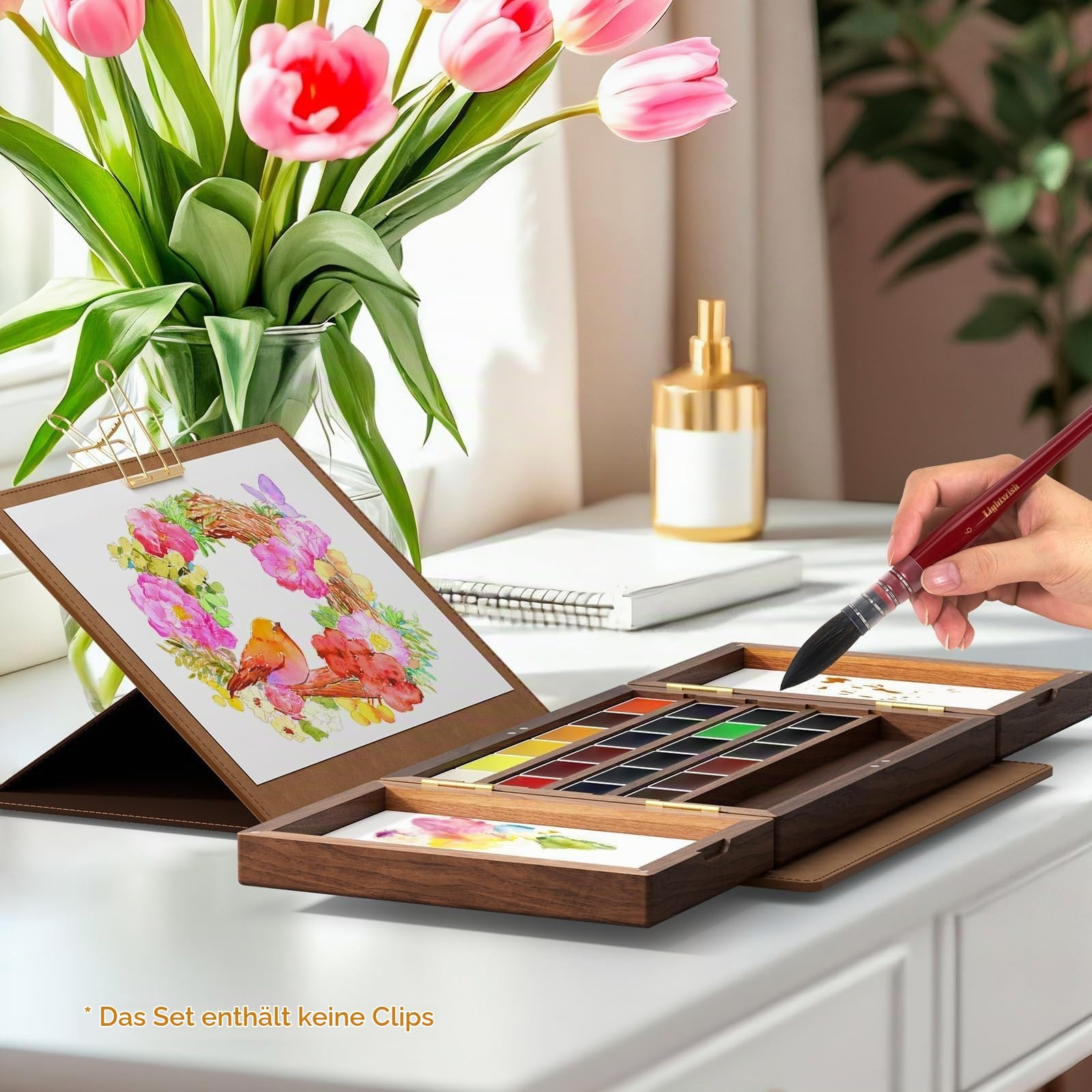 LIGHTWISH Künstler Aquarell Set 24 Farben - Premium Wasserfarben Blöcke in Walnussholz Box mit Mattleder Etui, Reise Aquarellfarben Profi Qualität hohe Pigmentkonzentration | Verstellbarem Winkel & Kunstleder-Etui - Portables Reise-Aquarellkasten Set für