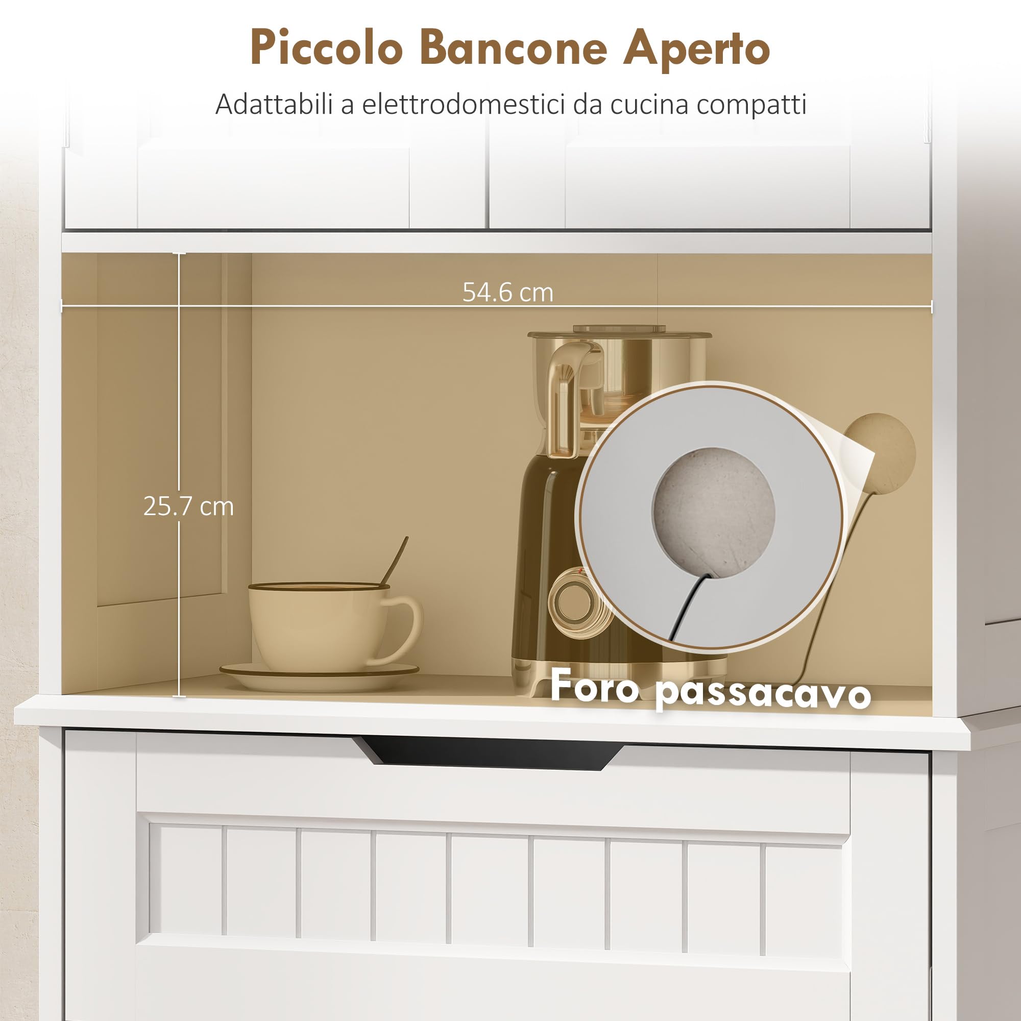 HOMCOM Credenza Cucina Alta, Mobile Dispensa con Foro Passacavi e Piano Portamicroonde, Mobile Cucina con 2 Armadietti, Cassetto, Ripiani Regolabili, per Sala da Pranzo, Soggiorno, 60x30x172cm, Bianco