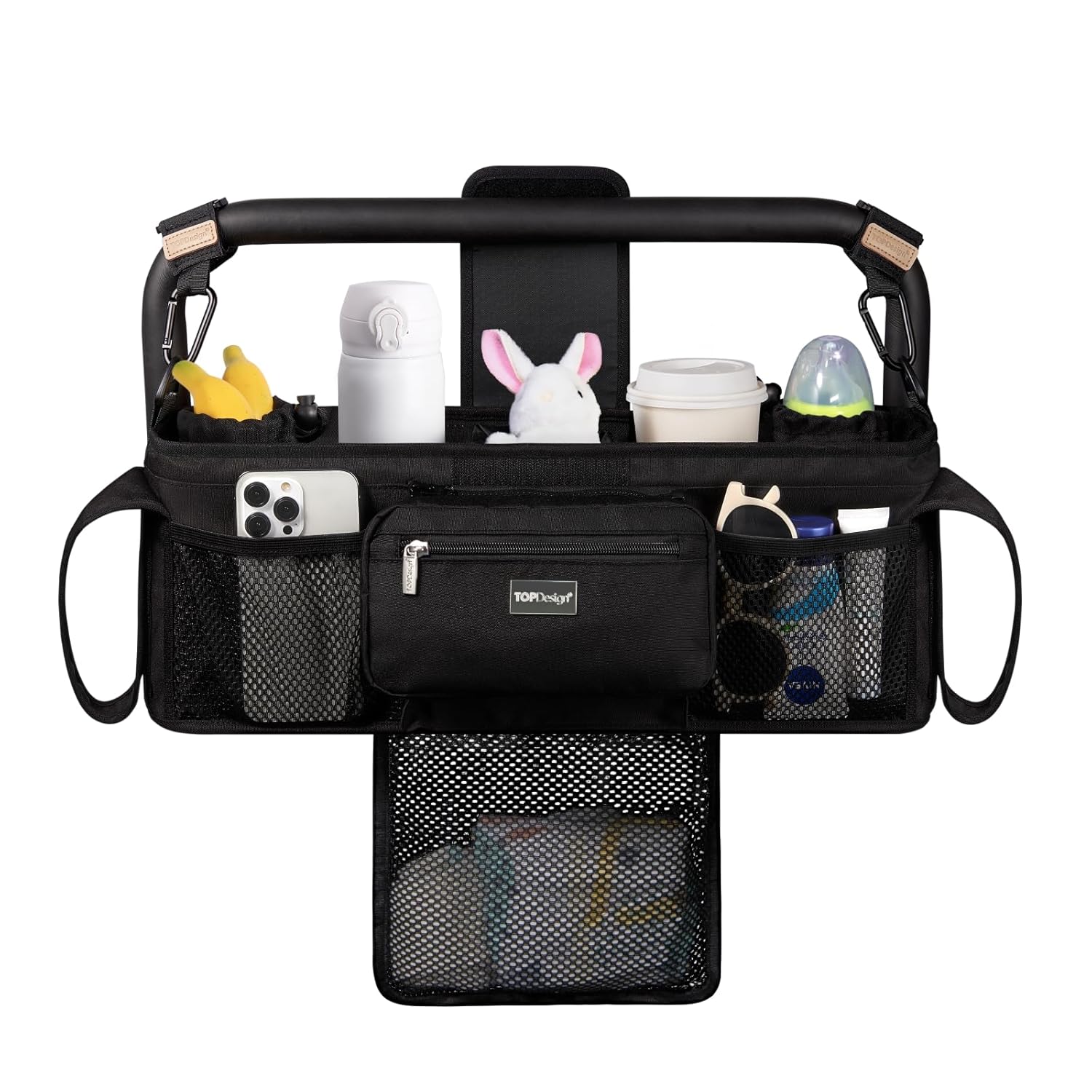 TOPDesign Universal Baby Stroller Organizer, Double Stroller Caddy with Detachable Mesh Bag & Heightened Insulated Cup Holders & Non-Slip Secure Hooks Accessories, Fits Most Strollers (Black) Black Pro-Double