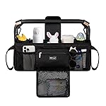 TOPDesign Universal Baby Stroller Organizer, Double Stroller Caddy with Detachable Mesh Bag & Heightened Insulated Cup Holders & Non-Slip Secure Hooks Accessories, Fits Most Strollers (Black)