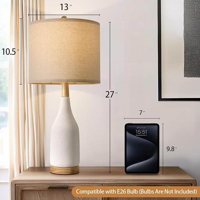 PORTRES PORTRES 27" Ceramic Table Lamps for Bedroom Living Room Vintage Lamp Set of 2 Bedside Nightstand Lamp Large Farmhouse Rustic Boho Retro Modern Table Lamp Light Home Office Desk Deco Gifts, White photo 6