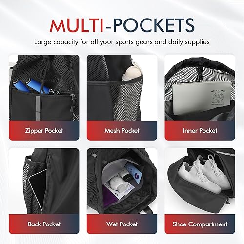 Miniatura 4 de PinCute Bolsa de gimnasio con cordón para hombres y mujeres, mochila deportiva de malla con bolsillo para ropa húmeda y compartimento para zapatos