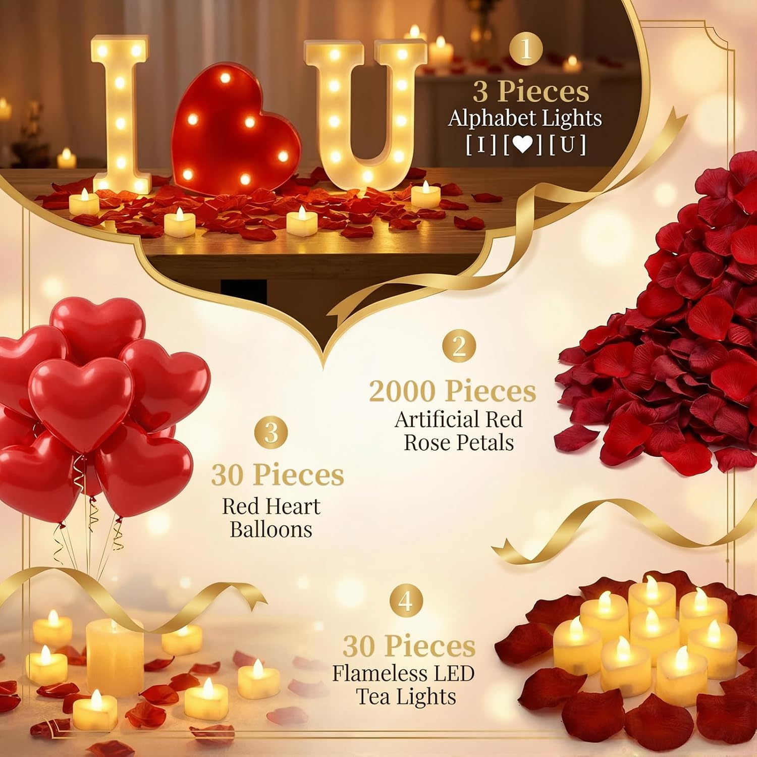 Valentines Day Decorations Proposal Kit - Light Up I Love U Sign, 2000 Red Rose Petals, 30 Flameless Candles, 30 Red Heart Balloons, Romantic Decorations for Special Night, Outdoor Proposal - Image 3
