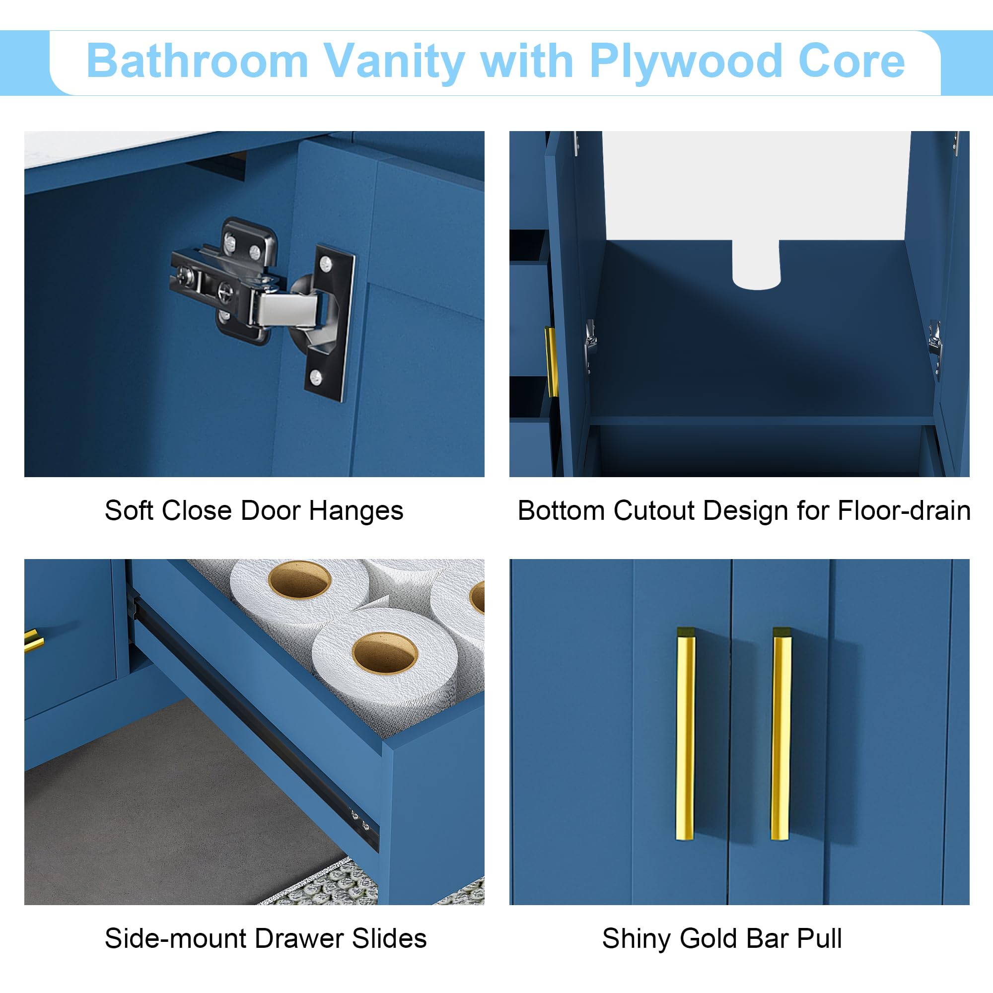 Mobile da bagno blu da 106,7 cm con piano in pietra sinterizzata e lavello sottopiano da 20,3 cm con fori per rubinetto diffusi, cassetti a chiusura rallentata ed elegante paraschizzi, decorazione