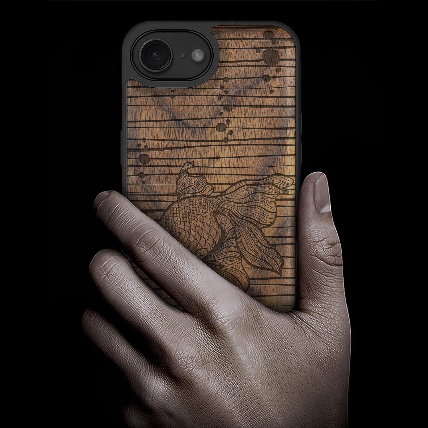 Carveit Magnetic Wooden Case for iPhone 16e / 17e, Solid Wood & Black TPU, Artisan Engraved Design, Shockproof Cover, Compatible with MagSafe Wireless Chargers, Serene Swim in Abstract Waters - Walnut