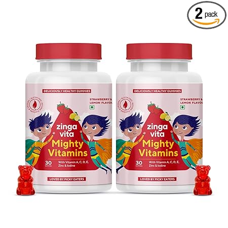 Zingavita Multivitamin Gummies for Kids (60 Gummy Bears), With 11 Essential Vitamins & Minerals for Healthy Growth, Cognitive Development & Complete Nutrition, Strawberry & Lemon Flavour