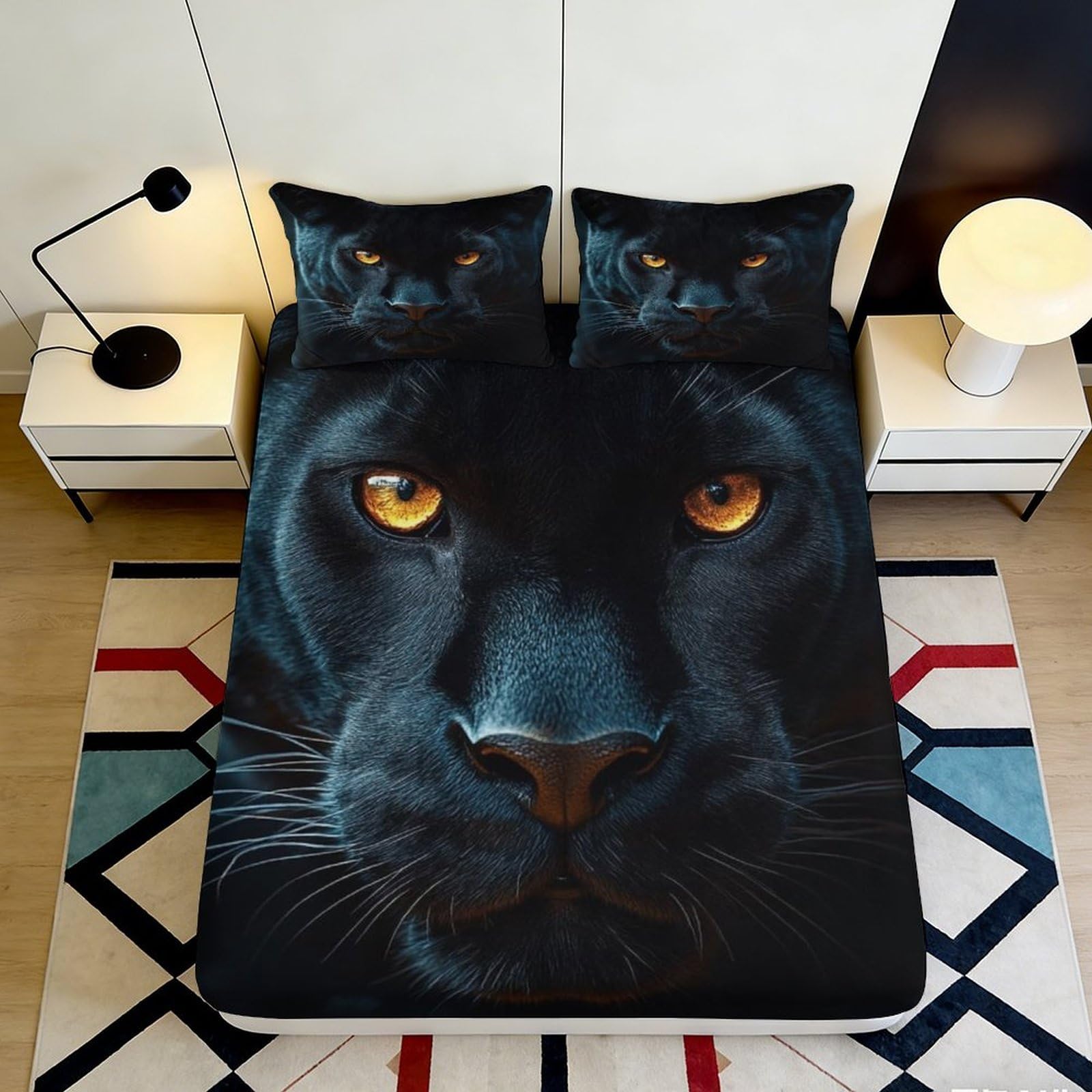 3D Printed Black Panther Fitted Sheet Microfiber Soft Breathable Panther Face Bed Cover for Bedroom Dormitory Guest Room Mattress Protection Decor 140x200x25cm