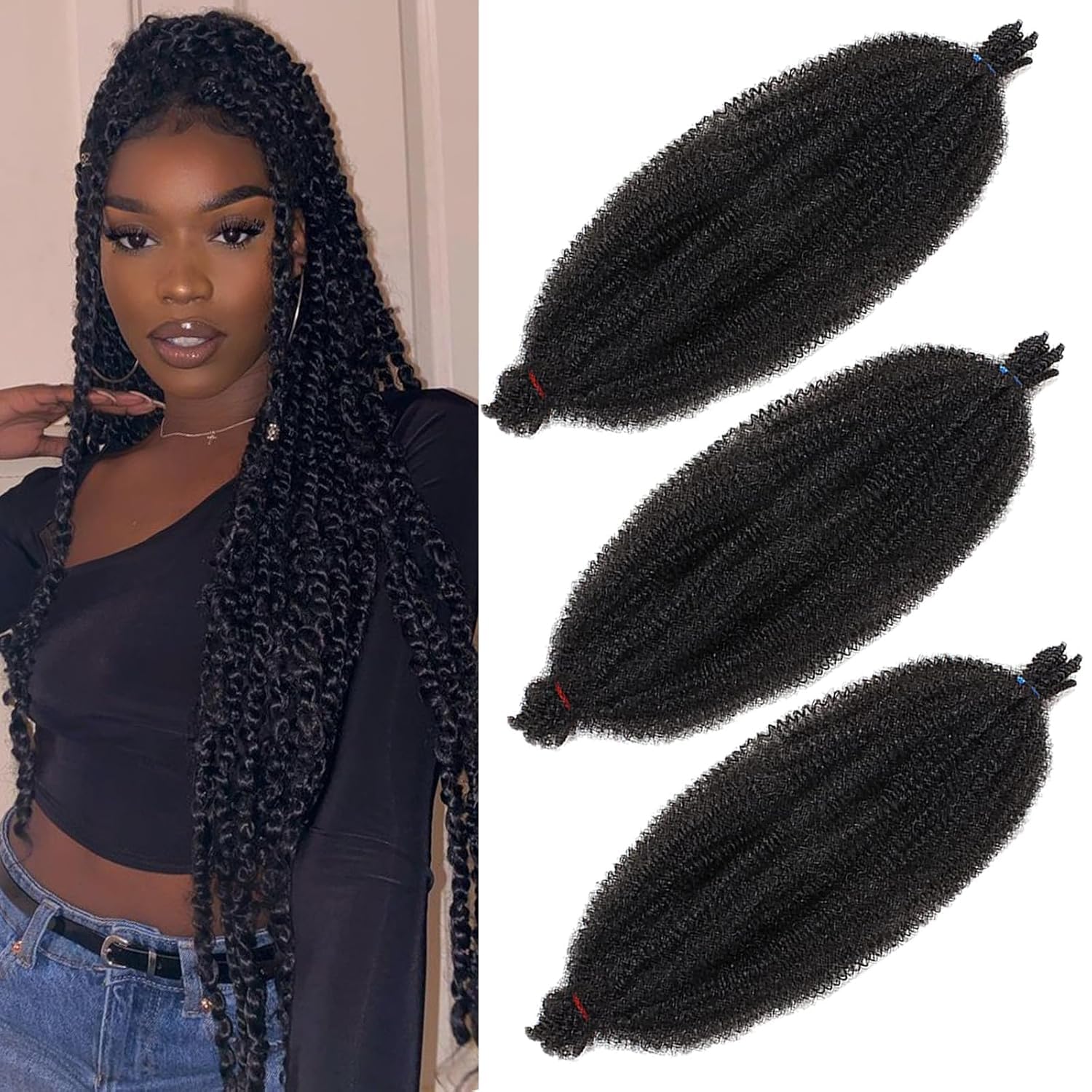 Xtrend 3 Packs Pre Separated Springy Afro Twist Hair 18 Inch Pre Fluffed Marley Twist Crochet Braiding Hair Synthetic Extensions (5 Strands/Pack,1B#)