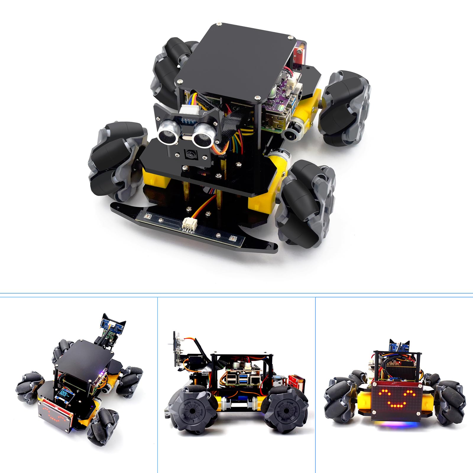 Adeept Kit per auto intelligente 4WD Mecanum Wheel per Raspberry Pi 5/4B/3B/3B+(scheda non inclusa), tracciamento linea, tracciamento della luce, prevenzione degli ostacoli, servomotore, display OLED