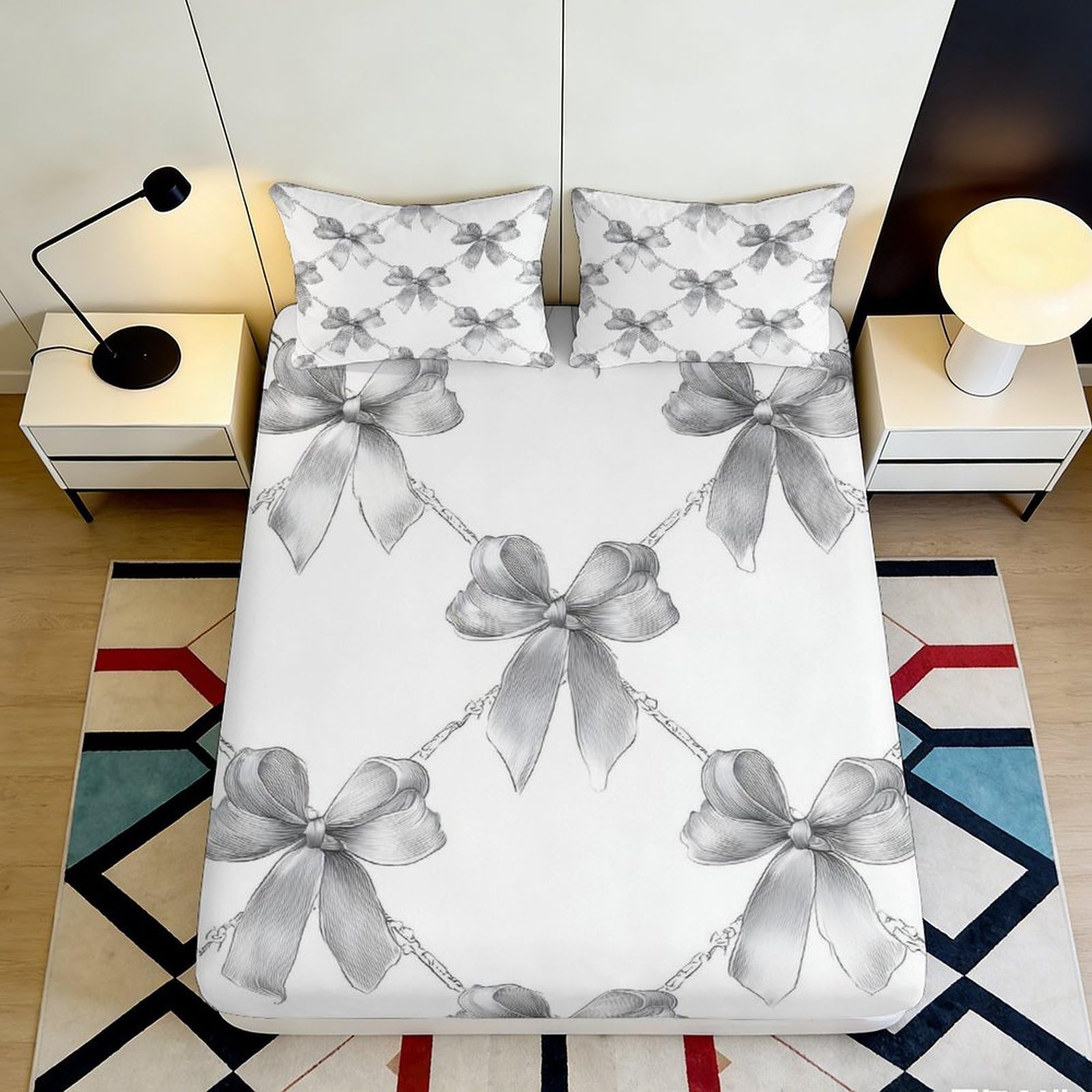 Dhbaneiok Style-4 3D Printed Grey Bow Pattern Fitted Sheet Microfiber Soft Breathable Ribbon Mattress Cover For Bedroom Dorm Decor 90X200x25cm