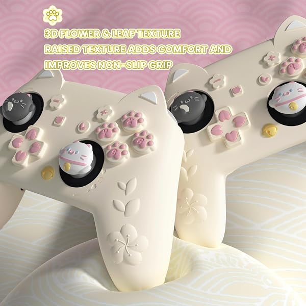 PlayVital for Nintendo Switch 2 Pro Controller Silicone Cover – Cherry Blossoms Kitten Cute Protective Skin Case for Switch 2 Pro Controller w/Back Button Cap & Thumb Grip & Sticker - Antique Yellow - 2