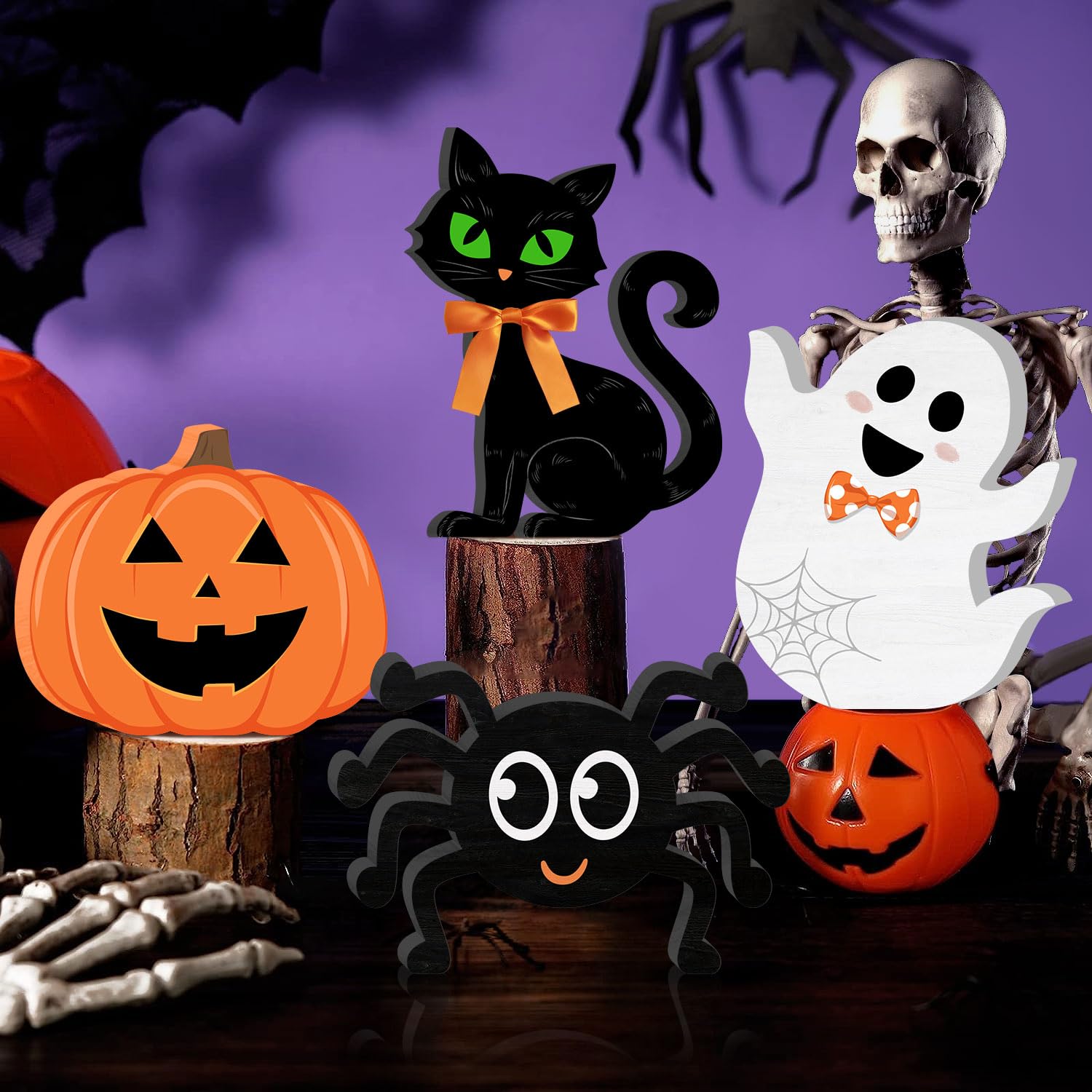 Stylische Halloween-Tischdekoration Aus Holz – Set Mit Geist, Katze, Kürbis, Hexenhut & Mehr In Rosa & Schwarz – Perfekt Für Tisch, Regal Oder Kamindekoration