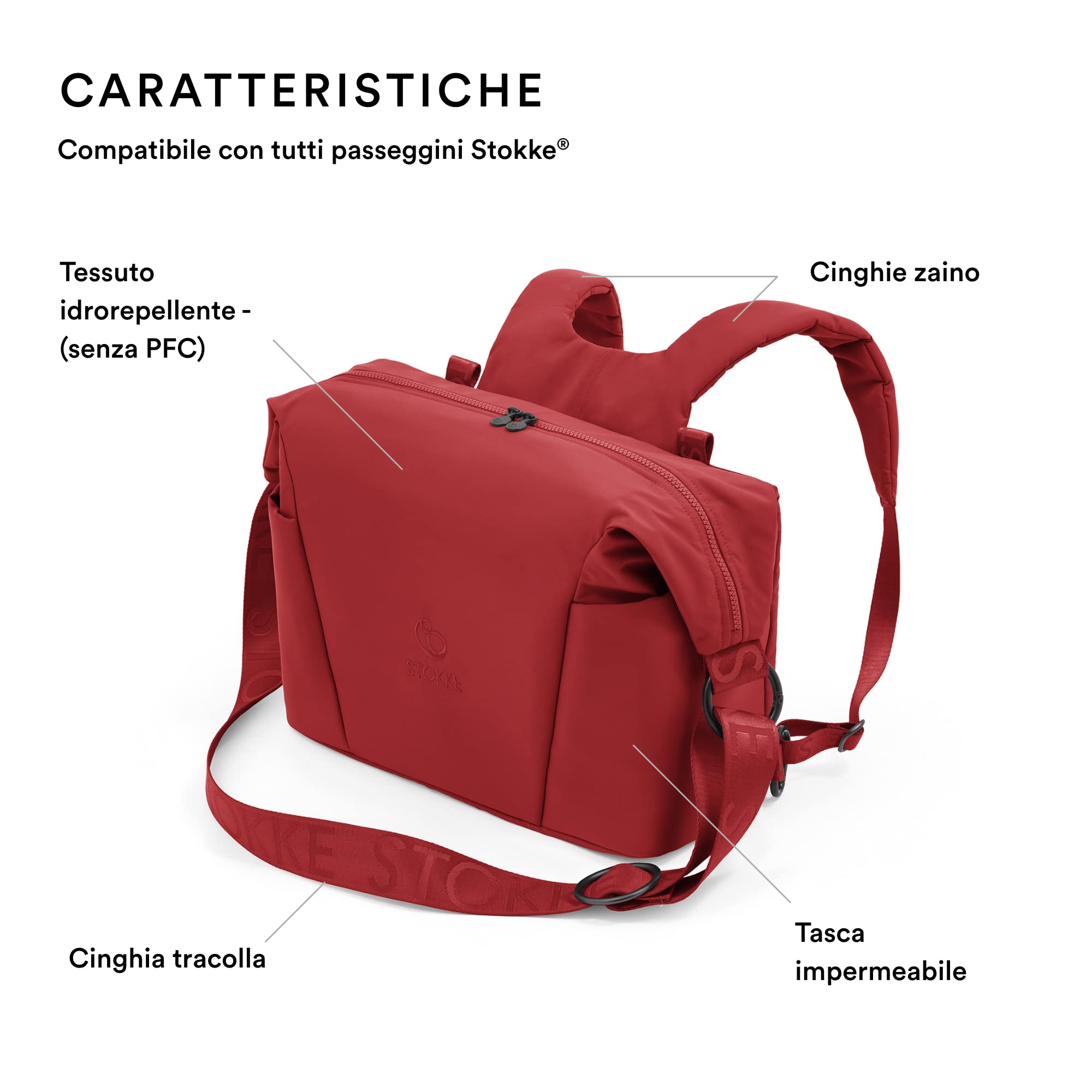 Stokke Borsa per il cambio Xplory X, Ruby Red - Può essere portata a spalla o come zaino - Include un materassino per il cambio pieghevole - UPF 50+, Idrorepellente, Facile da pulire