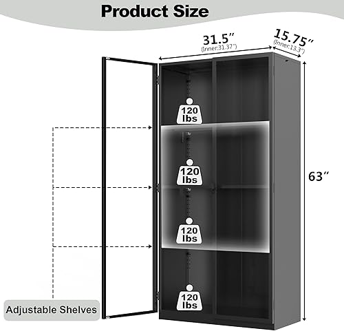 Miniatura 2 de Vitrina de 63 pulgadas de alto con puertas de cristal, vitrina alta con luces LED, vitrina para coleccionables, vitrinas de cristal con 3 estantes