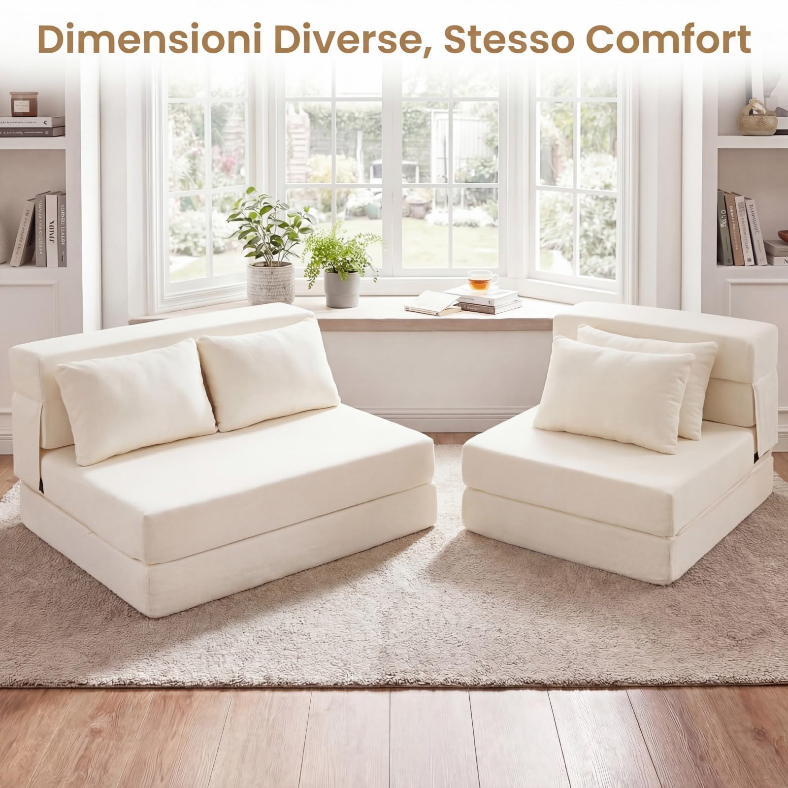 COSTWAY 3 in 1 Divano Letto Pieghevole, Poltrona Letto Convertibile con 2 Cuscini, Divano a 2 Posti in Tessuto Chenille, per Soggiorno Camera da Letto Ufficio (Beige,S)