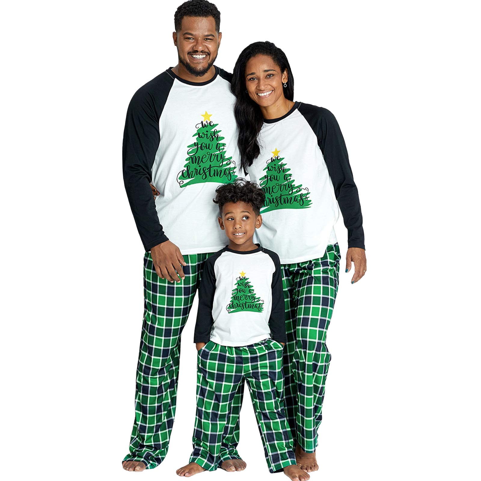 IFFEI Family Christmas Pajamas Matching Sets PJ's Sleepwear Printed Top and Plaid Pants with Pockets