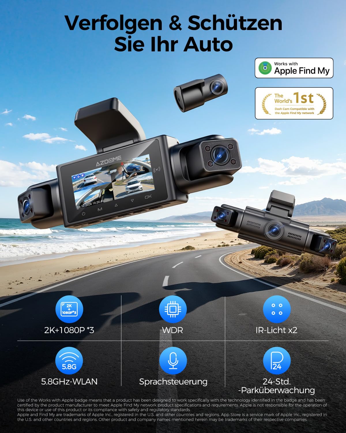 AZDOME Dashcam Auto 4 Kanal 360 Grad Dashcam mit Apple Find My (nur iOS), 5.8GHz WiFi, 64-GB-Karte, 2.5K+3 * 1080P Dashcam, IR Nachtsicht, Parkmodus, Erinnerung bei Müdigkeit am Steuer(M350)