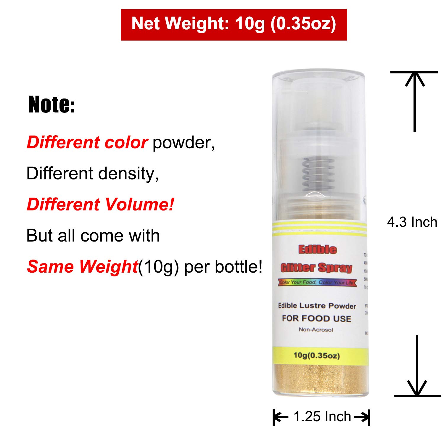 Edible Glitter Spray Set(Gold,Silver,Rose Gold,White), Non Aerosol Food Coloring Lustre Powder, Food Grade Sparkling Dust Push Pump for Decorating Cupcake, Fondant, Cookie, Frosting, Gum paste.