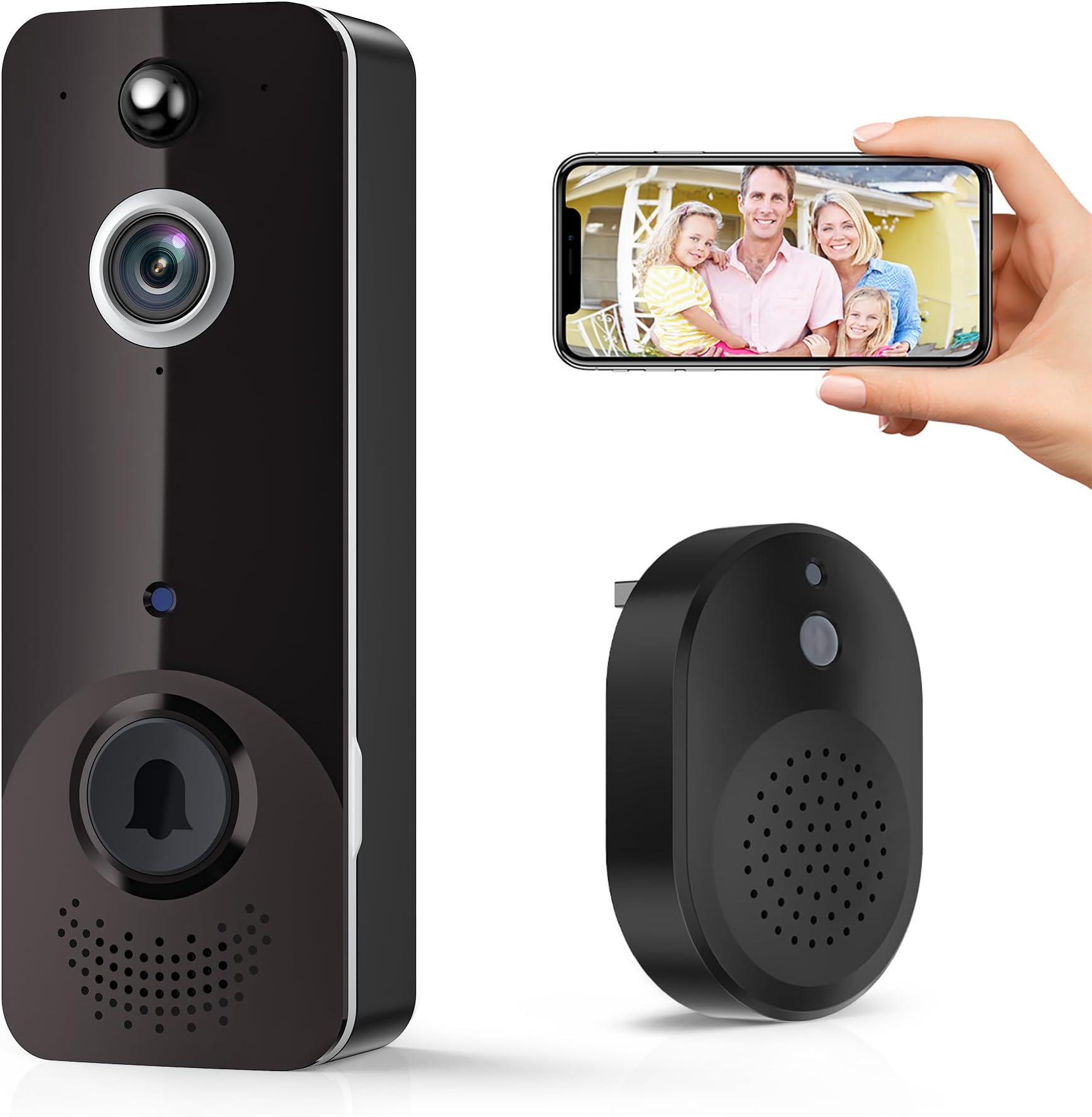 SHARKPOP Doorbell Camera Wireless, WiFi Video Doorbell with Free Ring Chime, Indoor/Outdoor Surveillance Human Detection, 2-Way Audio, Night Vision, Cloud Storage, Battery Powered, Live View
