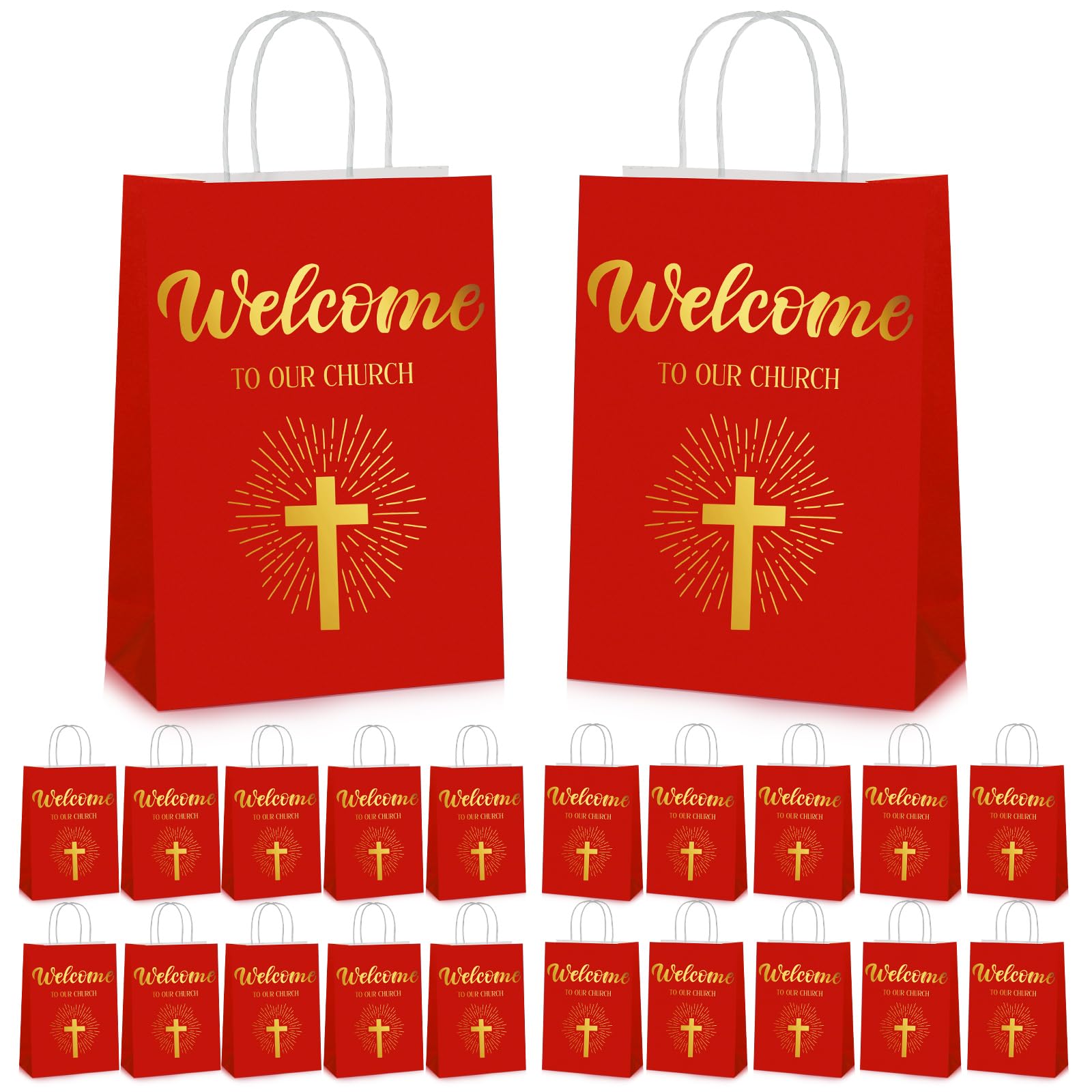 Chuangdi 50 Pcs Church Welcome Gift Bags Christian Paper Welcome to Our Church Religious Bags with Handles for Guest Mother's Father's Day Baby Shower Birthday, 5.9 x 3.15 x 8.27 Inch(Red)