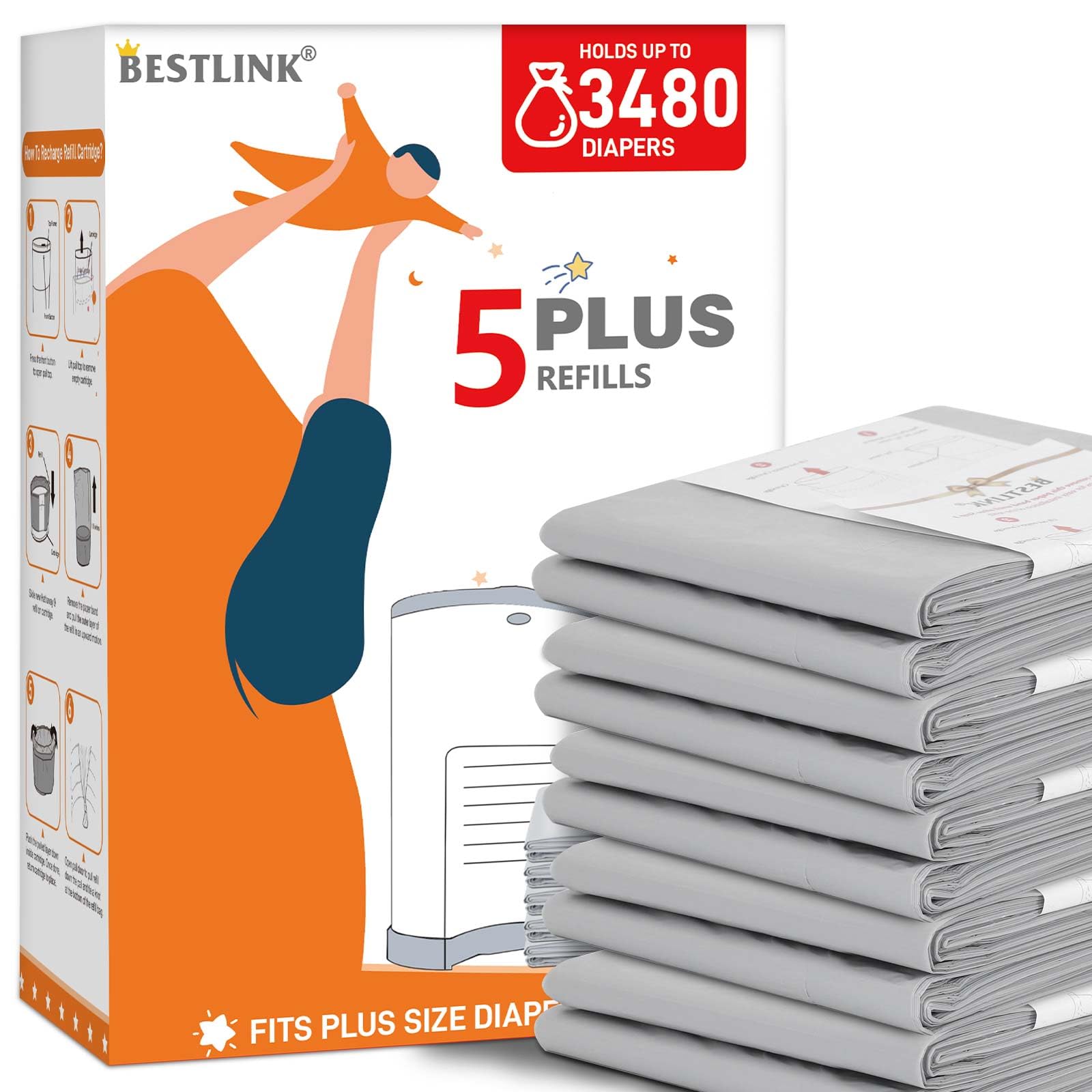 Paquete de 5 recambios compatibles con cubos de pañales DEKOR PLUS | 20% de longitud extra para bolsas de recambio para 3480 pañales, máximo control de olores con aroma a bebé