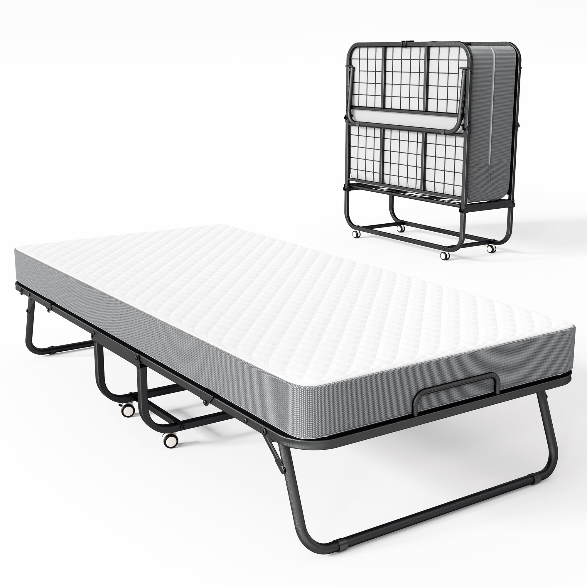 Bonusall Foldable Single Bed, Portable Bed for Adults, 5" Memory Foam Mattress-Heavy Duty Steel Frame, 75" x 31", Foldable Beds Supports 300