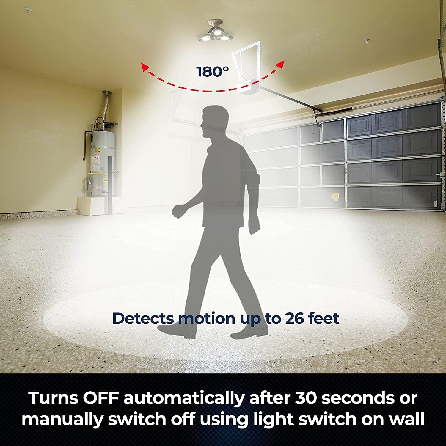 A person walking in a garage, with the Bell+Howell Triburst light detecting motion and illuminating the area.