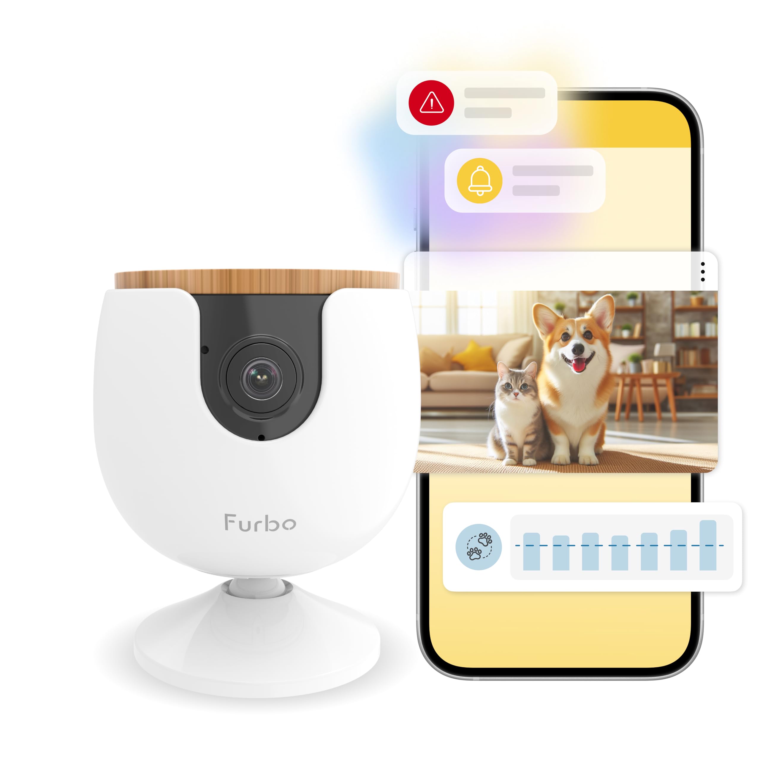 Furbo Cámara para Mascotas Mini con Paquete de Seguridad [Premium con SUSCRIPCIÓN] con App Móvil, Visión Nocturna a Color, Audio Bidireccional, Alerta de Ladridos o Maullidos, para Perros o Gatos