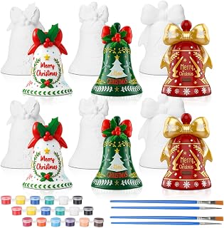 Thyle Set of 6 Christmas Ceramic to Paint 3D Christmas Bells Craft Kit 4.7 Inch Unpainted Paint Your Own Jingle Bell Plaster Keepsake with Painting Paintable DIY Gift for Xmas Tree Decor Adult