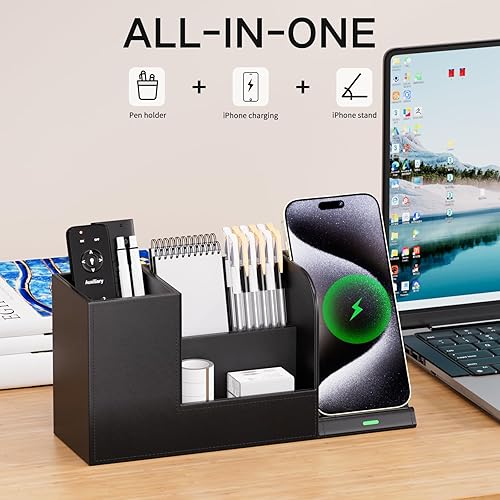 Miniatura 3 de Organizador de bolígrafos con soporte para teléfono, organizadores de escritorio de cuero vegano negro con soporte para control remoto, soporte para